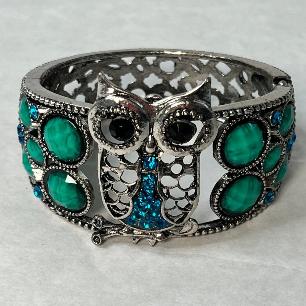Silver Owl Cuff Bracelet With Green & Blue Gemstones Hinged Closure Intricate De